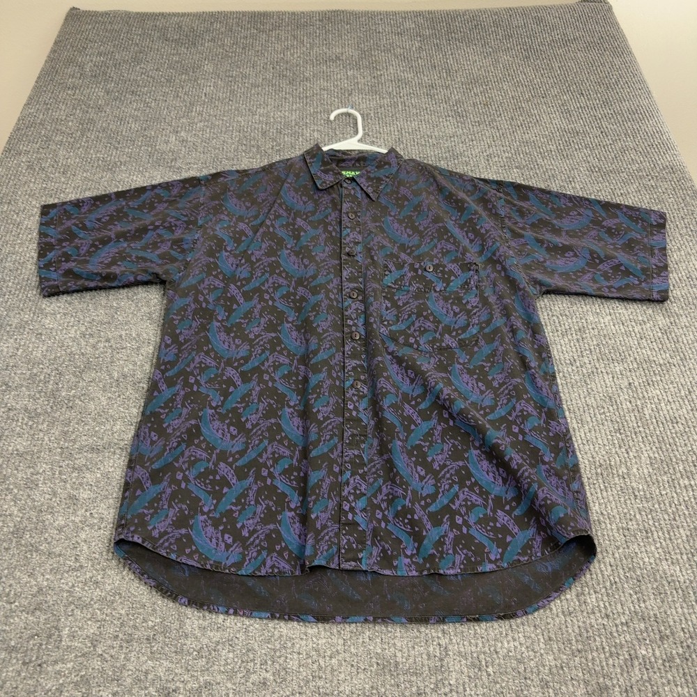 Vintage Shah Safari Button Up Shirt Men L Black Purple Abstract Cotton 90s Retro